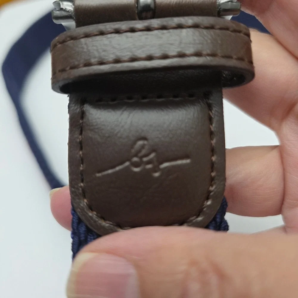 Boston Scott Men's Navy Stretchy Belt Brown Leather Trim Gunmetal Buckle Size 40